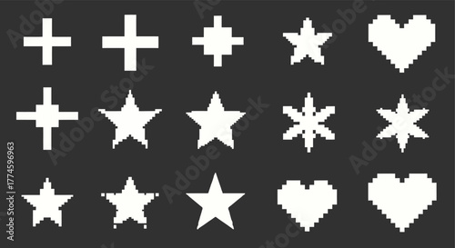 Variety of Pixel Art Shapes Stars, Hearts, and Crosses on Dark Background