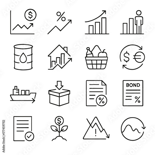 Finance linear icon set. featuring growth, percentage, profit, industry, investment, and economy symbols