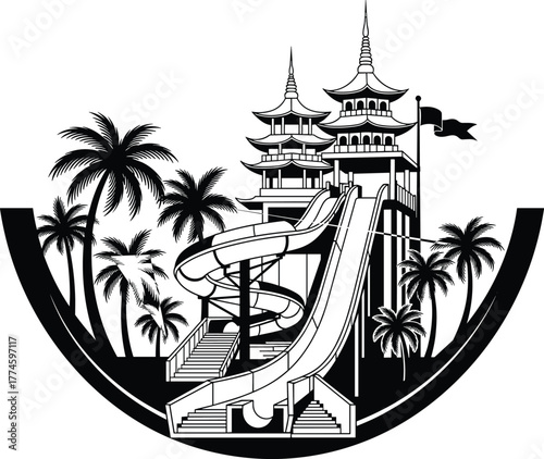 Tropical water park slide with Asian pagoda architecture, palm trees, exotic resort landscape, summer adventure design, black and white vector illustration for travel, tourism, and leisure themes