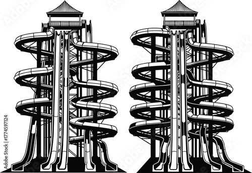 Water park adventure, giant spiral water slide towers, thrilling aqua park attraction, summer fun ride, outdoor amusement park entertainment, extreme waterslide design, holiday 