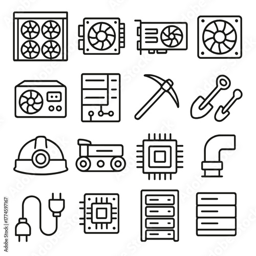 Cryptocurrency mining linear icon set. featuring graphics card, fan, pickaxe, helmet, server, plug, and shovel symbols