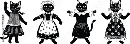 Cute dressed black cats illustration playful cartoon animals wearing clothes adorable vector artwork fashion characters stylish feline design for decoration