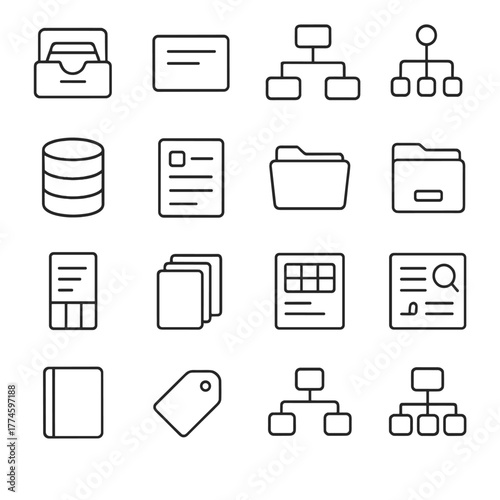 Office tools and management linear icons set. featuring folders, documents, tags, flowcharts, and structures