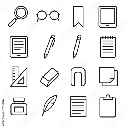 Office and writing linear icon set. featuring magnifying glass, glasses, bookmark, tablet, e-reader, pencil, notebook, ruler, eraser, magnet, paper, ink, quill, document, clipboard symbols