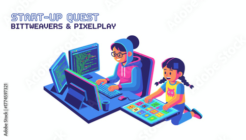 Dynamic mother-daughter programming team coding a new game startup in a retro pixel art isometric illustration, emphasizing STEM education and collaboration.