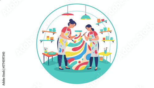 Creative Workshop: Two Women Decorating a Large Ceramic Vase in a Pottery Studio. Collaboration, Art, and Handmade Craft Activity.