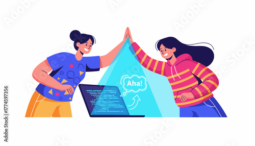 Female Developers Celebrate Coding Success with High Five: Teamwork and Breakthrough Moment in Software Development