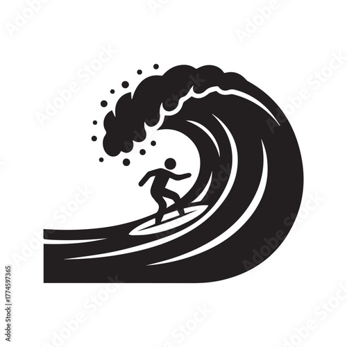 Surfer icon riding a giant ocean wave, extreme water sport pictogram, surfing silhouette.
