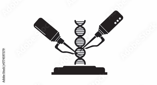 Scientists manipulate DNA helix with futuristic tools for genetic research.