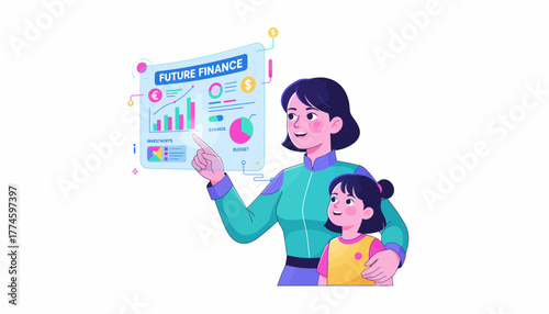 Financial Literacy Education: Mother and Daughter Learning Future Finance, Savings, and Budgeting on a Digital Screen Illustration