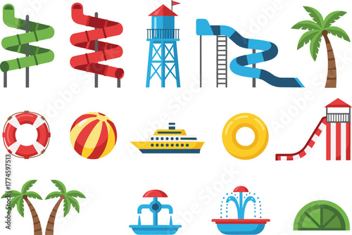 Water park colorful icons set, summer amusement vector collection with slides, pool float, beach ball, fountain, palm trees, and lifeguard tower
