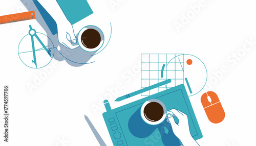 Creative Design Team Collaboration: Flat Lay View of Graphic Tablet, Drafting Tools, and Coffee on a Shared Workspace.