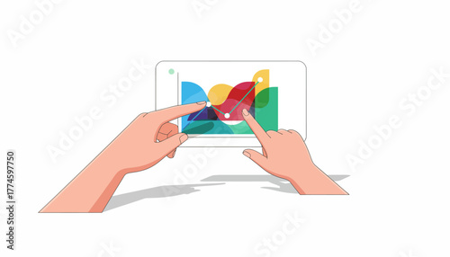 Hands Interacting with Modern Digital Data Visualization Chart on a Tablet Screen.
