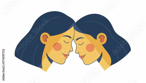 Harmonious Connection: Vector Illustration of Two Women Embracing Intimacy, Duality, and Unity on White Background