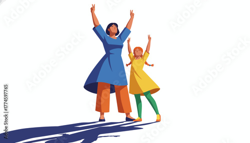 Empowered Women and Girl Celebrating Victory and Success with Peace Signs on White Background Illustration