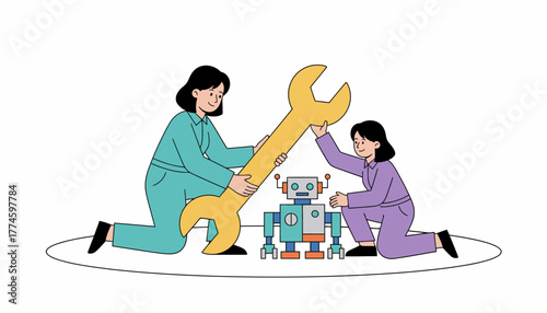 Robotics Engineering and Maintenance: Two women collaborate to fix a small robot using a giant wrench, illustrating problem-solving and technical expertise.