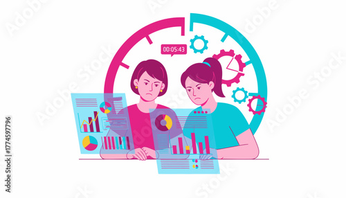 Deadline Pressure and Data Analysis: Two Concerned Women Reviewing Complex Business Metrics Under a Ticking Clock. (Vector Illustration)