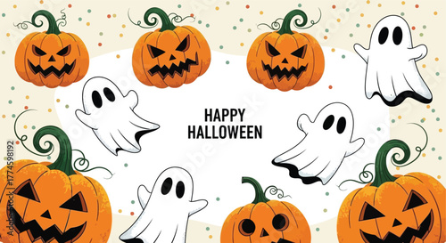 Festive Halloween Scene with Pumpkins and Ghosts, Spooky Vector Illustration