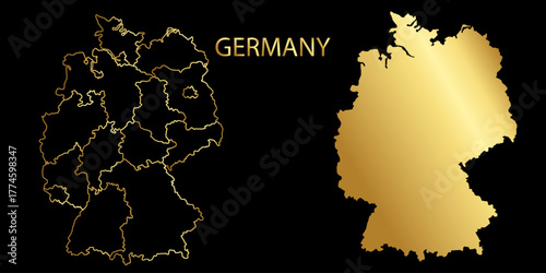 Golden line map of germany, Vector germany map and country letteringf with golden name on black background,Germany map ,Germany borders,Vector editable