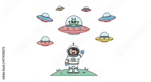A cartoon astronaut in a white spacesuit stands on a green hill with a smiling face, surrounded by multiple colorful UFOs and aliens in a playful, cartoonish scene with a bright and