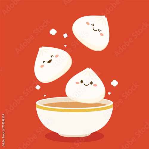 Cute Dim sum character, traditional Chinese dumplings, with funny smiling faces. Kawaii Asian food vector. Bao or Baozi cartoon vector.