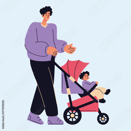 Parents with babies  caring father taking his turn to push the stroller with pride