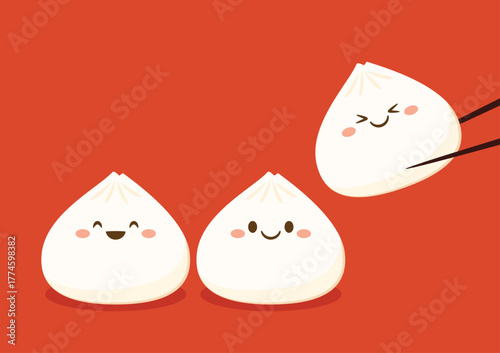 Cute Dim sum character, traditional Chinese dumplings, with funny smiling faces. Kawaii Asian food vector. Bao or Baozi cartoon vector.