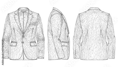 Three men's blazers in line drawing style on a white background. The left is a single-breasted blazer with a notched lapel, two buttons, and flap pockets.
