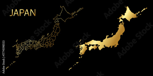 Japan country golden line vector map in black background.Japan political map. Low detailed. Solid simple style.Vector Japan continent letteringf with golden name. Vector editable.	