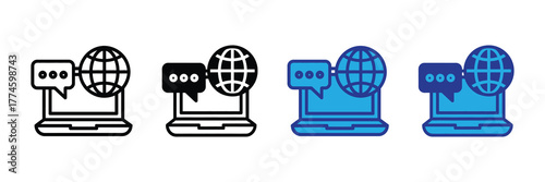 Set of four icons representing online communication, chat, and global connectivity via laptop and globe