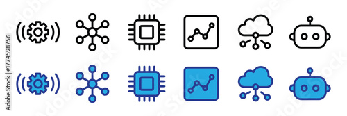 Set of technology icons including gear, network, cpu, graph, cloud, and robot, isolated on white background
