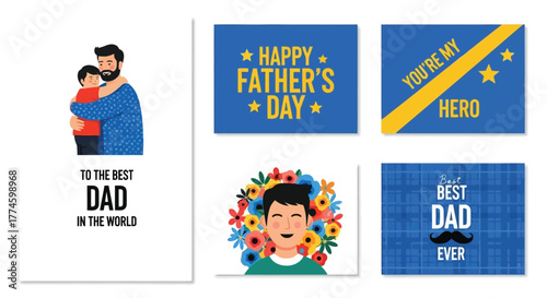 Collection of Father's Day Cards Featuring Dad and Child Illustrations and Festive Greetings