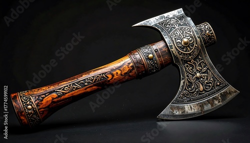 Intricately carved axe on a stark black background. The axe features ornate details in gold and silver, against dark wood