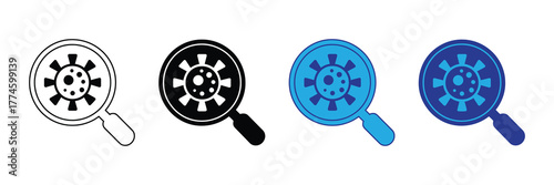 Magnifying glass over a virus icon, representing virus research and analysis, isolated on white background