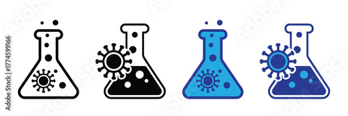 Set of four icons representing a laboratory flask with a virus inside, isolated on white background
