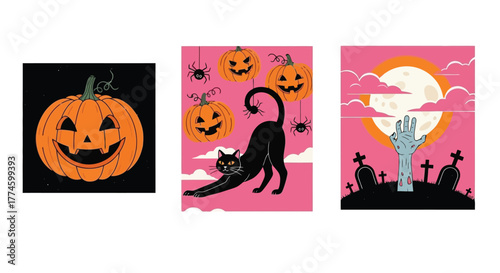 Halloween art set Pumpkin, cat, and zombie designs for spooky decor