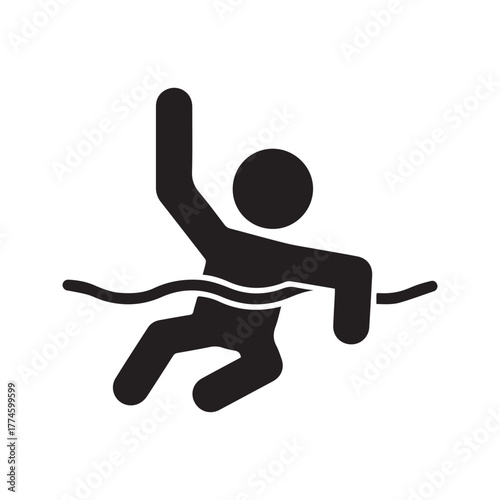Drowning person icon, stick figure sinking in water, danger of drowning warning sign, emergency help pictogram.
