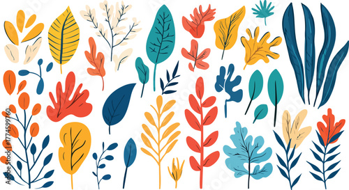 Vibrant collection of stylized tropical leaves and flowers in a whimsical botanical arrangement