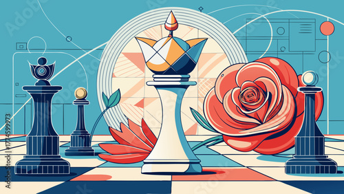 Very beautiful minimalist artwork featuring a continuous line drawing of a chess king combined with a blooming rose, symbolizing elegance, power, and strategy in a single graceful composition.