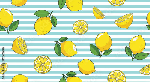 Fresh Lemon Pattern on Striped Background Vibrant Citrus Design
