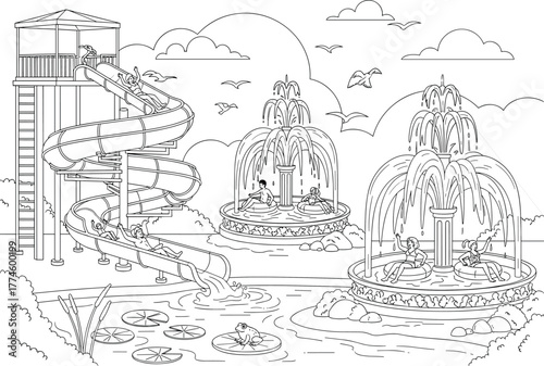 Water park line art illustration, people enjoying water slides and fountains, summer fun outdoor activity, relaxing pools, aquatic recreation scene, black white vector design