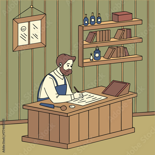Cartoon depiction of a man working at a desk with traditional interior office background Illustration of a man writing at his wooden desk Illustration of professional man at work in his office setting