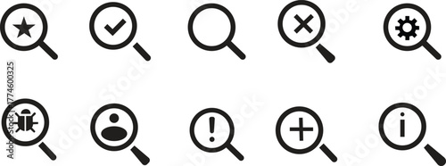 check cross icons in black flat  style Search check, cross, bug, people, collection icons. Magnifier loupe elements. Stock vector. Modern check cross isolated on transparent background.