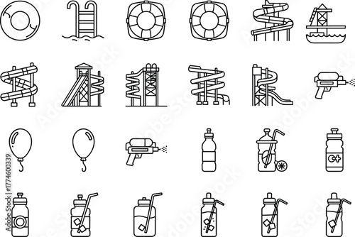 Water park line icons set, summer recreation outline symbols, slides, pool, water gun, drink bottles, balloons, lifebuoy, amusement park vector illustration