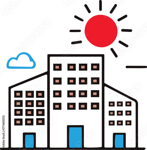 Illustration of office buildings with sun and cloud