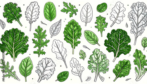  AI-generated image of An elegant illustration of assorted leafy greens, including kale, spinach, arugula, and chard. Rendered in a mix of colored and line-drawn styles.