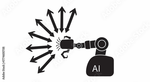 Robotic arm with AI technology distributing information and ideas with arrows