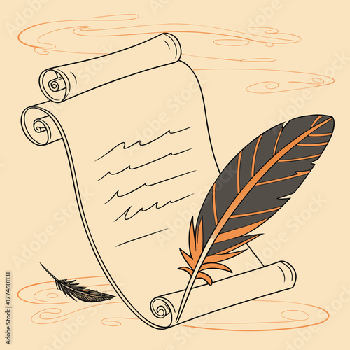 Antique Scroll with Quill Pen Concept Depicting Writing History and Knowledge Transfer Vintage Stationery Illustration