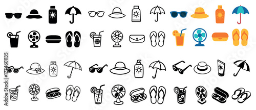Summer icons collection: sunglasses, umbrella, drink