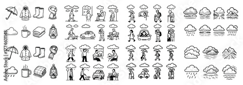 Rainy day activities and essentials illustration set